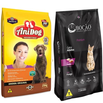 Ração AniDog Premium Cães Adultos 15kg + Bocão Premium Gatos Adultos 10,1kg