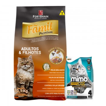 Ração Fãmil Premium Gatos Adultos e Filhotes Carne e Frango - 10,1kg + Areia de Brinde